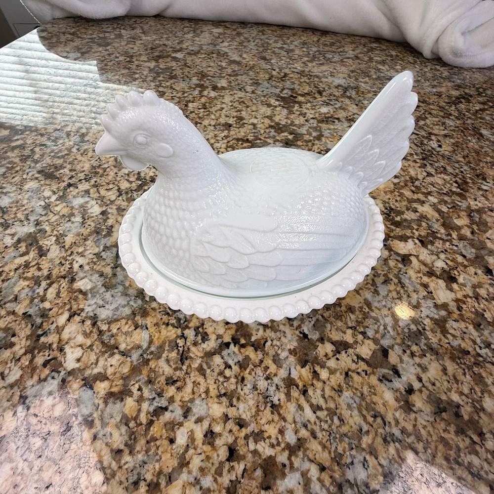 Vintage Indiana Glass White Milk Glass Hen on Nest Covered Dish Beaded Rim 7in